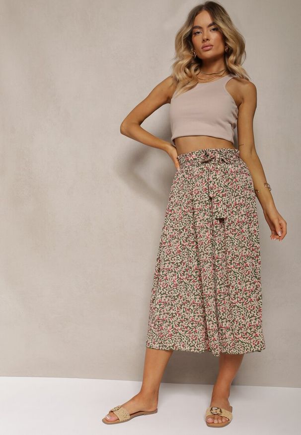 Renee - Zielono-Różowe Plisowane Spodnie Szwedy High Waist z Materiałowym Paskiem i Gumką w Talii Isefia. Okazja: na co dzień. Stan: podwyższony. Kolor: zielony. Materiał: materiał. Styl: elegancki, casual