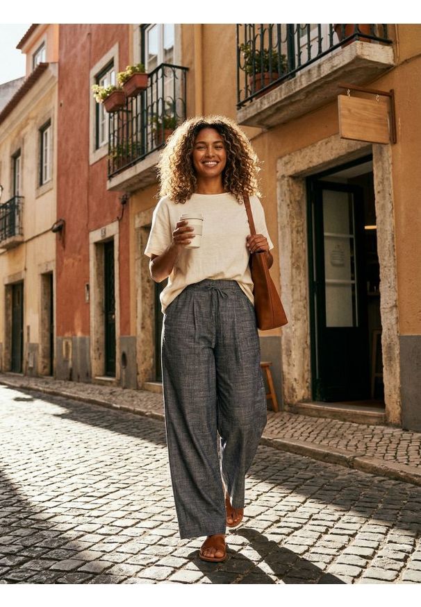 Sinsay - Spodnie wide leg z domieszką lnu - niebieski. Kolor: niebieski. Materiał: len