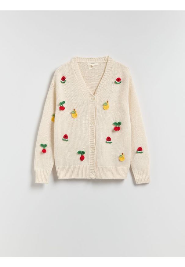 Reserved - Kardigan z ozdobną aplikacją - wielobarwny. Materiał: dzianina, bawełna, wełna. Wzór: aplikacja