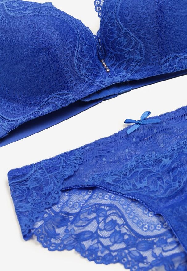 Born2be - Granatowy Komplet z Ozdobnej Koronki Biustonosz Full Cup i Majtki Figi Afisa. Kolor: niebieski. Materiał: koronka. Wzór: koronka