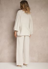 Renee - Beżowy Bawełniany Komplet Muślinowy Oversize z Koszulą i Szerokimi Spodniami Ziorina. Kolor: beżowy. Materiał: bawełna. Wzór: aplikacja #4