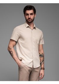 Ombre Clothing - Koszula męska z lnu i bawełny z krótkim rękawem i kieszonką – beżowa V4. Kolor: beżowy. Materiał: len, bawełna. Długość rękawa: krótki rękaw. Długość: krótkie. Sezon: lato #6