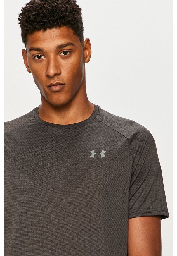 Under Armour - T-shirt. Okazja: na co dzień. Kolor: szary. Długość rękawa: raglanowy rękaw. Wzór: aplikacja. Styl: casual