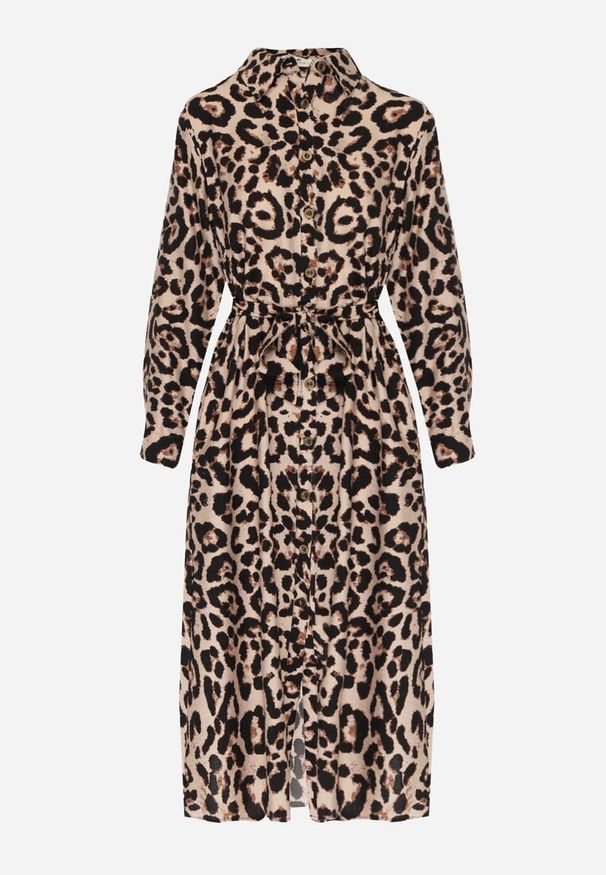 Born2be - Panterkowa Koszulowa Sukienka z Wiskozą w Panterkę z Wiązanym Paskiem Assava. Okazja: do pracy, na spotkanie biznesowe. Materiał: wiskoza. Wzór: motyw zwierzęcy. Typ sukienki: koszulowe. Styl: biznesowy, klasyczny, elegancki