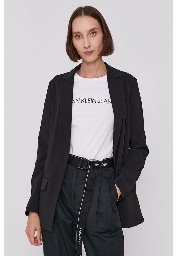 Calvin Klein Marynarka kolor czarny jednorzędowa gładka. Okazja: na co dzień. Kolor: czarny. Wzór: gładki. Styl: casual