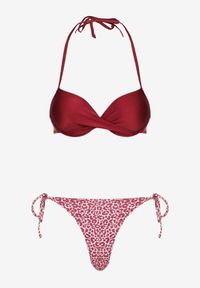 Renee - Bordowe Wiązane Bikini Biustonosz Halter i Majtki Figi Savadine. Kolor: czerwony. Wzór: aplikacja