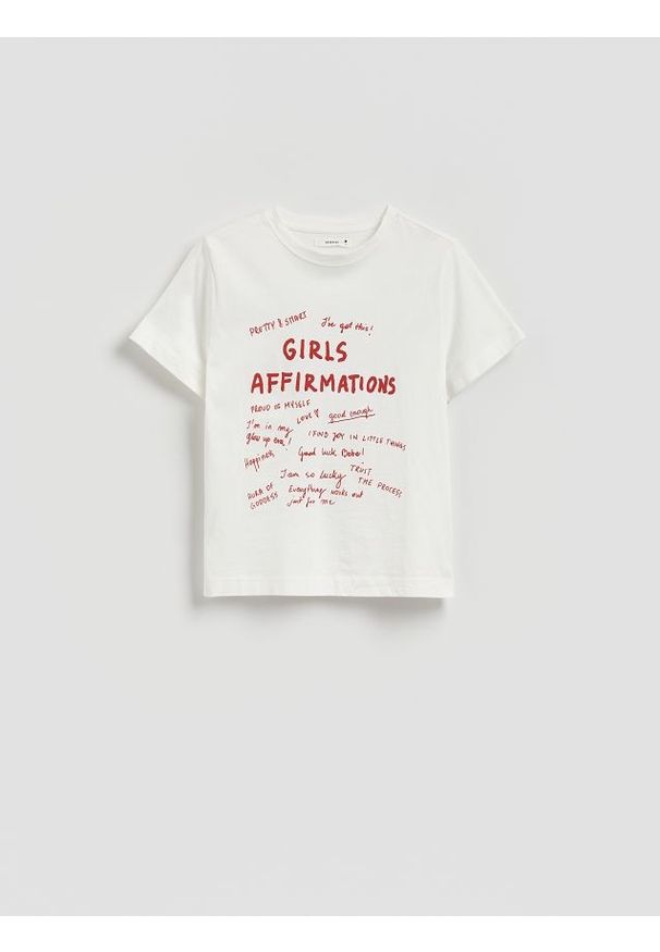 Reserved - T-shirt z nadrukiem - biały. Kolor: biały. Materiał: dzianina, bawełna. Wzór: nadruk