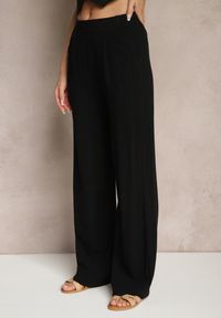 Renee - Czarne Spodnie z Lnem i Bawełną o Szerokim Kroju High Waist Sallieta. Okazja: na co dzień. Stan: podwyższony. Kolor: czarny. Materiał: bawełna, len. Styl: casual #5