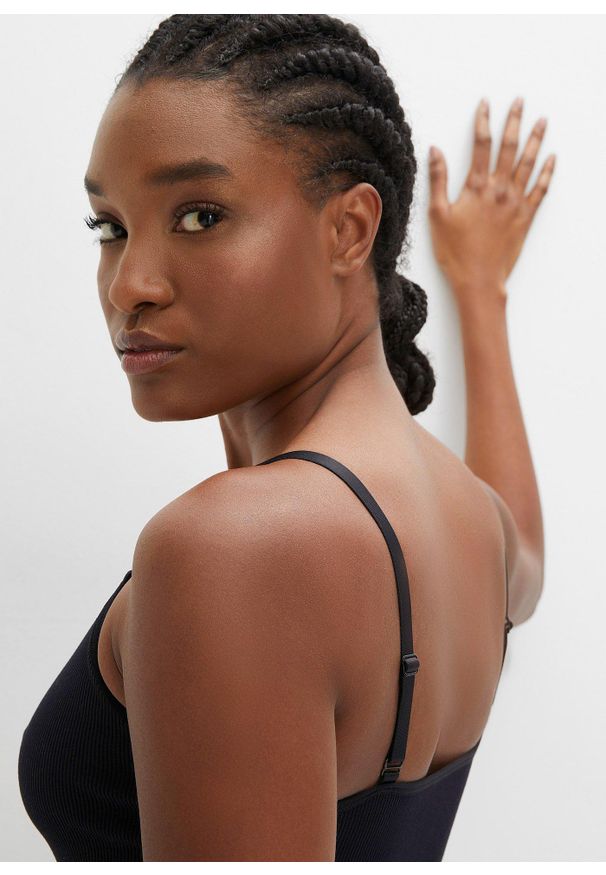 bonprix - Biustonosz bustier bezszwowy Feel Comfort w prążek. Kolor: czarny. Materiał: materiał. Wzór: prążki