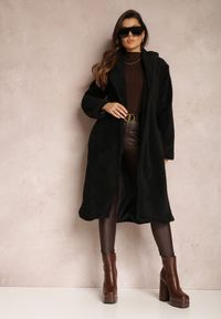 Renee - Czarny Futrzany Płaszcz Wiązany w Pasie Vimegi. Kolor: czarny. Materiał: futro. Długość: długie #4
