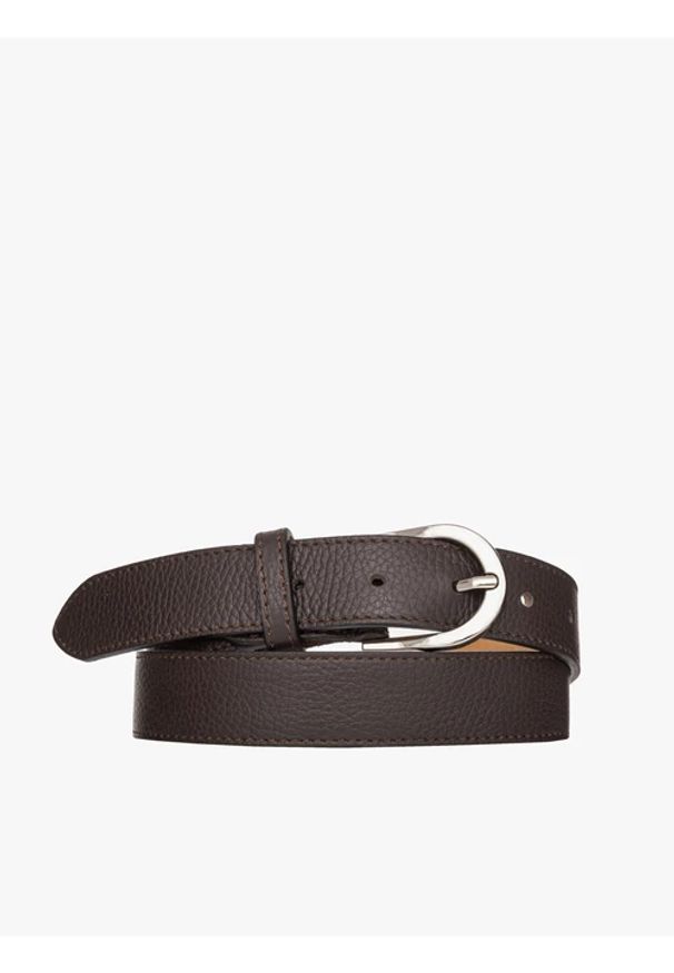 Ryłko - Ciemnobrązowy pasek damski ze srebrną klamrą. Kolor: brązowy. Materiał: skóra