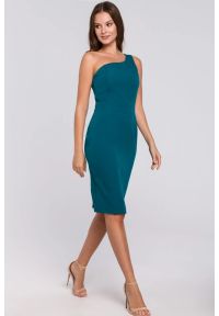 Sukienki.shop - Elegancka sukienka na jedno ramię ołówkowa morska. Okazja: na randkę, do pracy, na imprezę. Kolor: morski, czerwony. Typ sukienki: ołówkowe. Styl: elegancki. Długość: midi #1