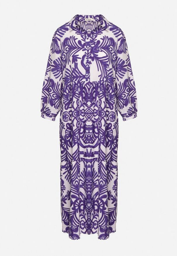 Born2be - Fioletowa Długa Sukienka Rozkloszowana w Ornamentalny Wzór z Falbanką Ariantise. Okazja: na co dzień. Kolor: fioletowy. Materiał: skóra. Sezon: lato. Styl: klasyczny, casual, elegancki. Długość: maxi