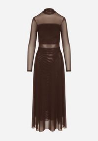 Born2be - Brązowa Siateczkowa Sukienka Rozkloszowana Longsleeve z Domieszką Wiskozy Eprela. Okazja: na randkę. Kolor: brązowy. Materiał: wiskoza. Długość rękawa: długi rękaw. Typ sukienki: rozkloszowane. Styl: klasyczny #6