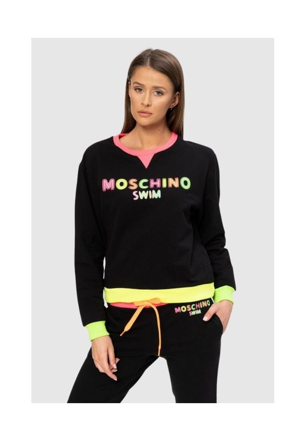 MOSCHINO Czarna bluza damska z neonowym logo, Rozmiar XS. Kolor: czarny. Materiał: prążkowany, bawełna