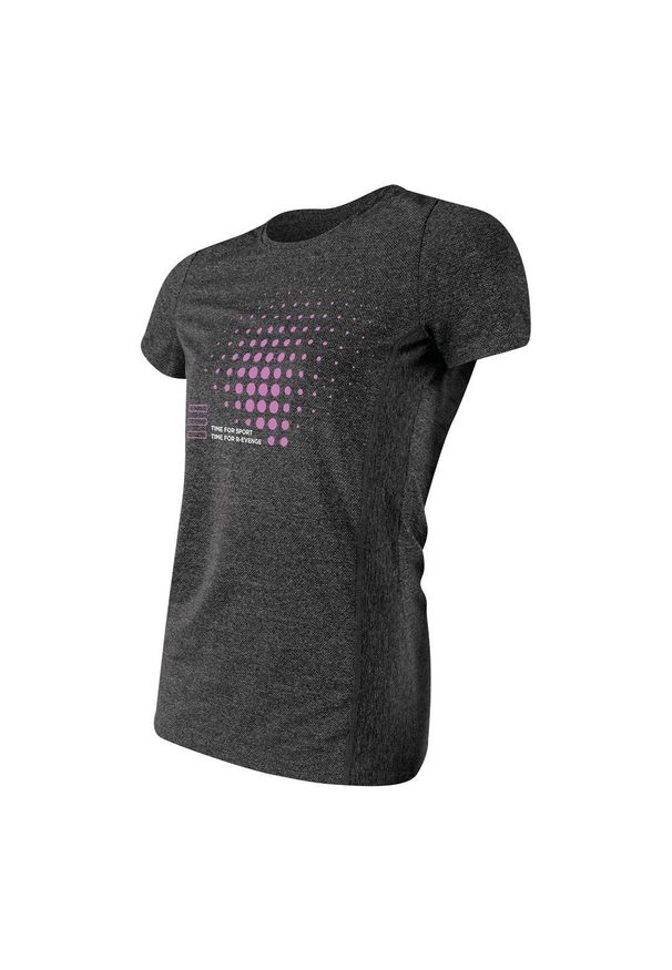 R-EVENGE - Damska koszulka techniczna z krótkim rękawem w kolorze szarym. Kolor: szary. Materiał: tkanina, poliester, elastan. Długość rękawa: krótki rękaw. Długość: krótkie. Wzór: paski. Sport: bieganie, fitness