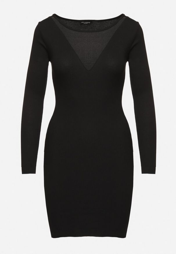 Born2be - Czarna Bawełniana Dopasowana Sukienka Ozdobiona Transparentną Wstawką Rivirra. Okazja: na co dzień. Kolor: czarny. Materiał: bawełna. Długość rękawa: długi rękaw. Wzór: aplikacja. Typ sukienki: dopasowane. Styl: casual