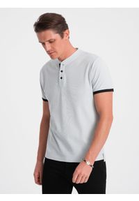 Ombre Clothing - Męska koszulka polo bez kołnierzyka - jasnoszara V10 OM-TSCT-0156 - XXL. Typ kołnierza: bez kołnierzyka, polo. Kolor: szary. Materiał: bawełna. Długość: długie #5