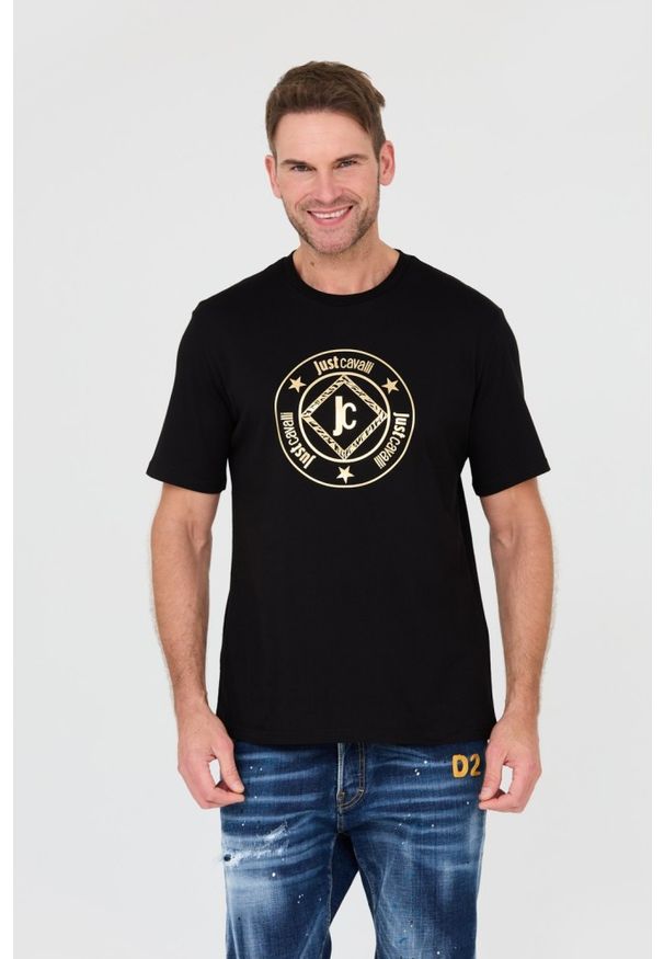 Just Cavalli - JUST CAVALLI Czarny męski t-shirt Fiche Gold, Rozmiar S. Kolor: czarny