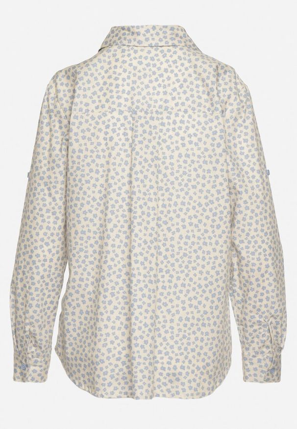 Born2be - Jasnoniebieska Bawełniana Koszula w Drobne Kwiaty o Luźnym Kroju Boudia. Kolor: niebieski. Materiał: bawełna. Wzór: kwiaty