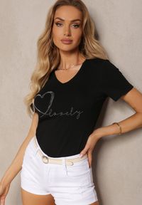 Renee - Czarny Bawełniany T-shirt z Ozdobnymi Cyrkoniami Obisara. Okazja: na co dzień. Kolor: czarny. Materiał: bawełna. Wzór: aplikacja. Styl: casual, klasyczny #1