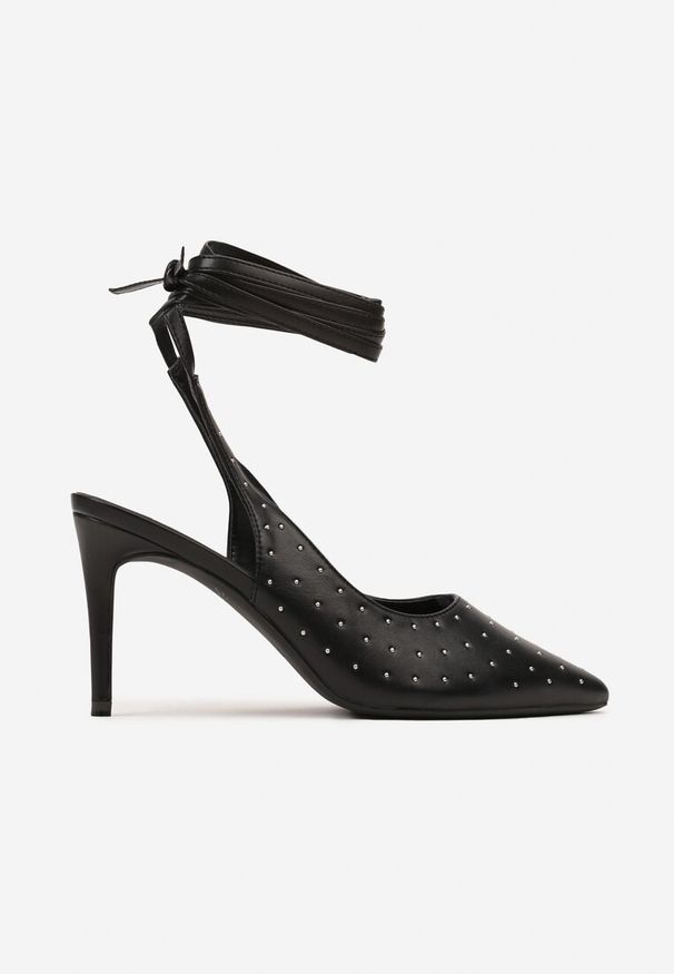 Renee - Czarne Sandały na Szpilce z Wiązanymi Rzemykami i Cyrkoniami Jenglla. Kolor: czarny. Obcas: na szpilce. Styl: elegancki, wizytowy