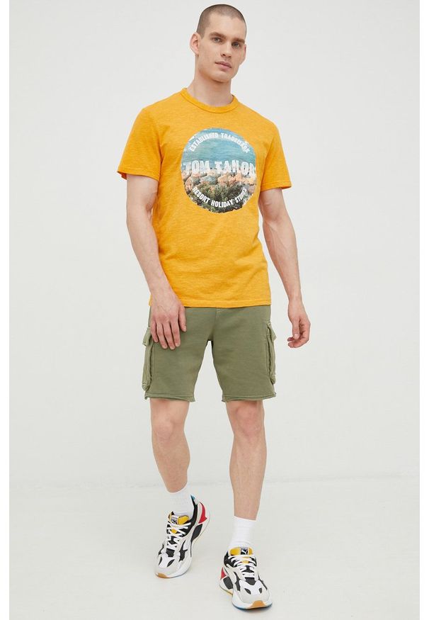 Tom Tailor t-shirt bawełniany kolor żółty z nadrukiem. Kolor: żółty. Materiał: bawełna. Wzór: nadruk