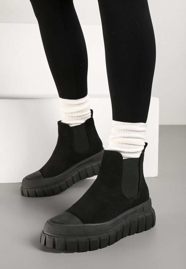 Born2be - Czarne Botki Sztyblety na Platformie Velare. Okazja: na co dzień. Kolor: czarny. Materiał: jeans. Szerokość cholewki: normalna. Obcas: na platformie. Styl: casual, wizytowy