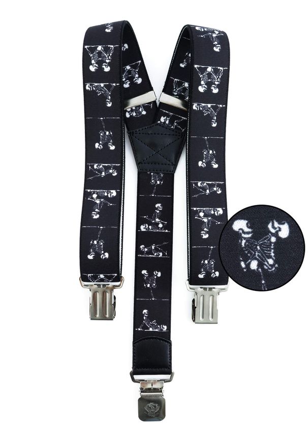 Modini - Czarne szelki męskie - szkielety - kamasutra SZ103. Kolor: czarny. Materiał: skóra, guma