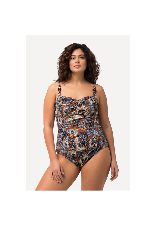 ULLA POPKEN - Damski Kostium kąpielowy drapowany miękkie miseczki koraliki. Kolekcja: plus size. Kolor: czarny. Materiał: elastan, poliamid, materiał