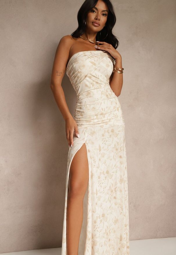 Renee - Beżowa Koktajlowa Sukienka o Asymetrycznym Kroju w Kwiaty Melaniela. Okazja: na imprezę. Kolor: beżowy. Materiał: materiał. Wzór: kwiaty. Typ sukienki: asymetryczne. Styl: wizytowy