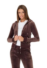 Juicy Couture - JUICY COUTURE Brązowa damska bluza Robertson, Rozmiar S. Kolor: brązowy. Materiał: welur, poliester, materiał. Wzór: haft