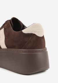 Renee - Ciemnobrązowe Sneakersy na Platformie ze Skóry Naturalnej Ozdobione Paskami Sovimi. Okazja: na co dzień. Zapięcie: pasek. Kolor: brązowy. Materiał: skóra. Wzór: aplikacja. Obcas: na platformie #4