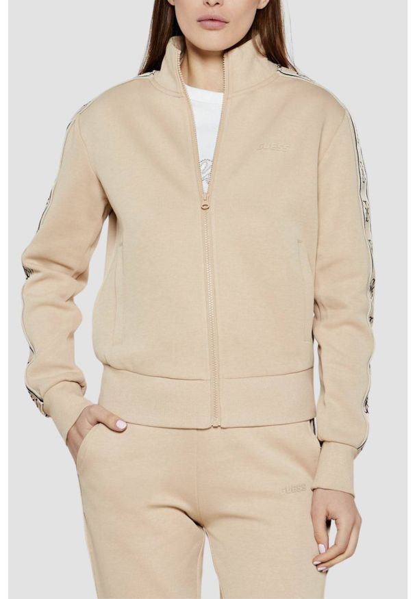 Guess - GUESS Beżowa bluza damska z lampasami Britney, Rozmiar M. Kolor: beżowy