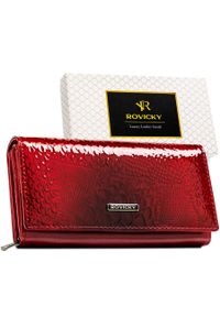 ROVICKY - Elegancki portfel damski z lakierowanej skóry naturalnej i ekologicznej zamykany na zatrzask Rovicky RPN-28-RSP. Materiał: lakier. Wzór: aplikacja #1