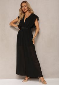 Renee - Czarny Plisowany Kombinezon z Falbankami i Szerokimi Nogawkami Jarina. Okazja: na imprezę. Kolor: czarny. Materiał: tkanina. Wzór: jednolity. Sezon: lato. Styl: elegancki #3