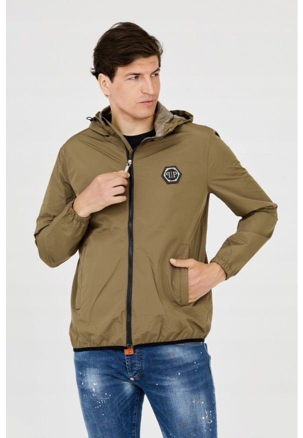 Philipp Plein - PHILIPP PLEIN Męska kurtka wiatrówka zielona, Rozmiar XL. Typ kołnierza: kaptur. Kolor: zielony