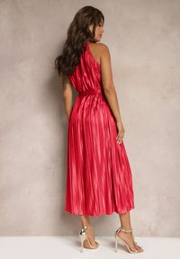 Renee - Bordowa Sukienka Plisowana z Paskiem w Talii na Cienkich Ramiączkach Wasea. Okazja: na co dzień. Typ kołnierza: dekolt kwadratowy. Kolor: czerwony. Materiał: jeans. Długość rękawa: na ramiączkach. Typ sukienki: plisowane. Styl: casual, elegancki