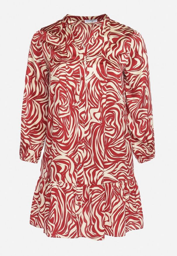 Born2be - Bordowa-Beżowa Sukienka Mini z Falbanką i Abstrakcyjnym Wzorem Ovina. Kolor: czerwony. Długość rękawa: długi rękaw. Długość: mini
