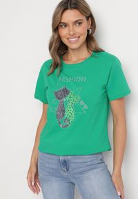 Born2be - Ciemnozielony T-shirt z Bawełny z Ozdobnym Napisem i Nadrukiem Olinella. Okazja: na co dzień. Kolor: zielony. Materiał: bawełna. Wzór: napisy, nadruk. Styl: casual #3