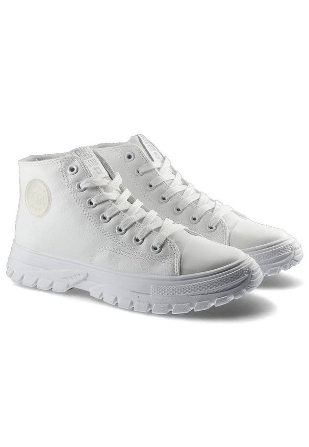 Big-Star - Sneakersy damskie Big Star, wykonane z materiału tekstylnego o wzmocnionej strukturze z wysoką cholewką klasycznym sznurowaniem gumowym noskiem, biał. Okazja: na co dzień. Wysokość cholewki: przed kolano. Kolor: biały. Materiał: materiał, guma. Szerokość cholewki: normalna. Styl: klasyczny