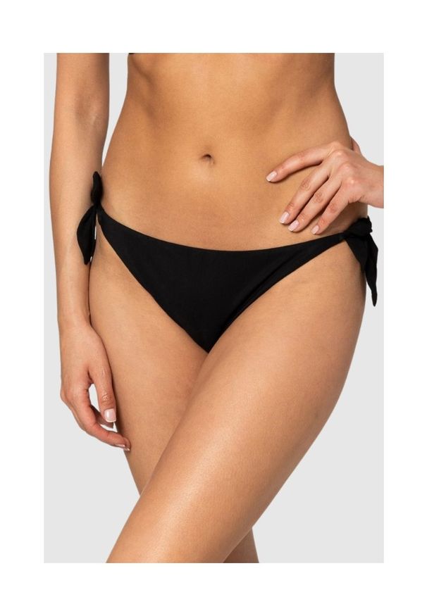MOSCHINO Czarny dół od bikini z wiązaniami i złotym logo, Rozmiar XS. Kolor: czarny. Wzór: aplikacja, nadruk