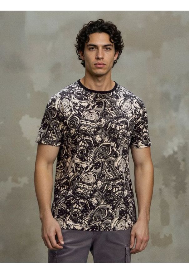 Sinsay - Bawełniana koszulka ze wzorem - kremowy. Kolor: kremowy. Materiał: bawełna