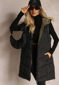 Renee - Czarna Długa Kamizelka z Kapturem Dwustronna Lurenta. Typ kołnierza: kaptur. Kolekcja: plus size. Kolor: czarny. Długość: długie #1