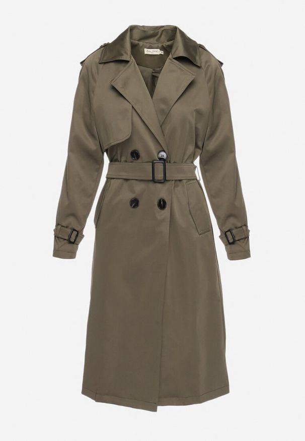 Born2be - Ciemnozielony Długi Płaszcz Trencz o Klasycznym Fasonie z Paskiem Nasde. Okazja: na co dzień. Kolor: zielony. Materiał: jeans. Długość: długie. Styl: klasyczny