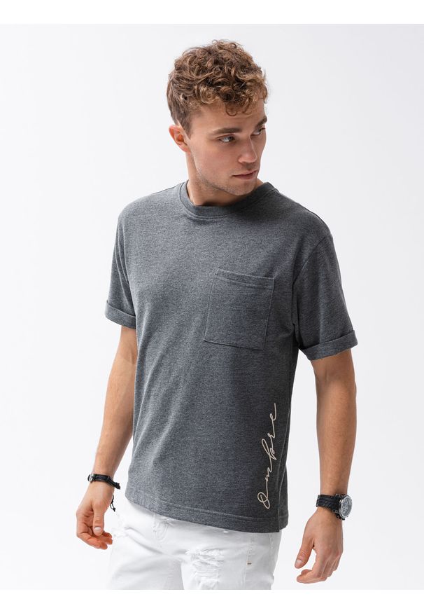 Ombre Clothing - T-shirt męski bez nadruku S1371 - czarny - XXL. Kolor: czarny. Materiał: dzianina, bawełna, poliester