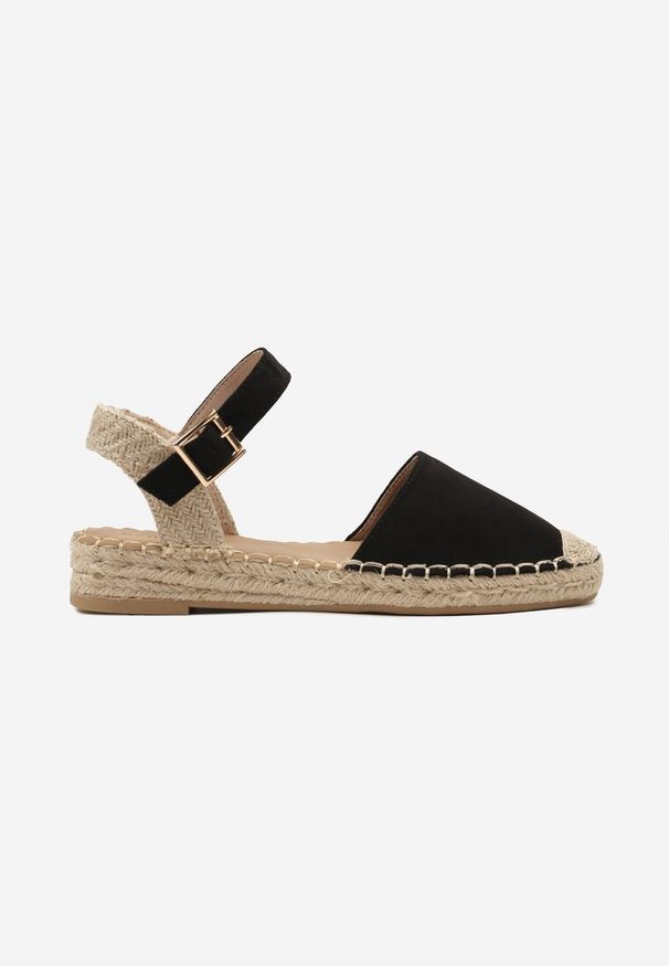 Renee - Czarne Espadryle Udekorowane Plecionką Titanias. Kolor: czarny. Materiał: len. Sezon: lato. Obcas: na obcasie. Styl: elegancki. Wysokość obcasa: niski