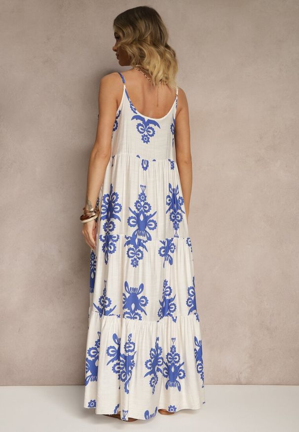 Renee - Niebieska Rozkloszowana Sukienka z Wiskozy w Stylu Boho Terazi. Okazja: na co dzień. Kolor: niebieski. Materiał: wiskoza. Długość rękawa: na ramiączkach. Sezon: lato. Typ sukienki: proste. Styl: boho