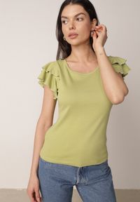 Born2be - Zielona Bawełniana Bluzka o Prostym Kroju z Krótkim Rękawem z Falbanek Himoni. Okazja: do pracy, na co dzień. Typ kołnierza: kołnierz z falbankami. Kolor: zielony. Materiał: bawełna. Długość rękawa: krótki rękaw. Długość: krótkie. Styl: elegancki, klasyczny, casual #6