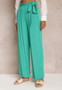 Renee - Zielone Spodnie Szerokie Phiorephis. Kolor: zielony. Materiał: materiał, tkanina, wiskoza. Długość: długie. Wzór: kwiaty, gładki